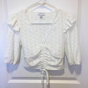 TOPSHOP Medium Size 6 White Eyelet Ruffled Sleeve Crop Top NWOT